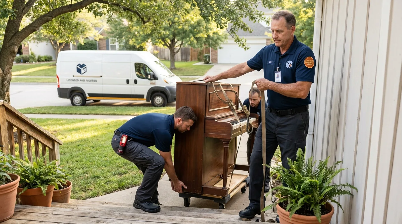 Licensed piano movers securing grand piano in Bastrop, TX